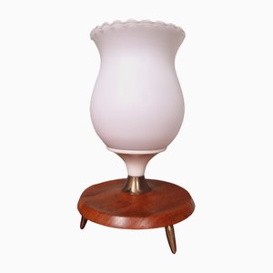 Scandinavian Tripod Table Lamp in White Opaline and Teak, 1960s