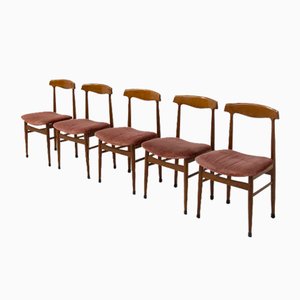 Italian Wood and Velvet Chairs, 1950s, Set of 5