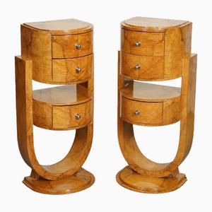 Art Deco Burr Walnut Bedside Tables, Set of 2