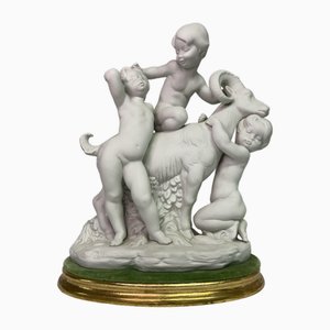 Allegorical Group of Children Playing with Goat in Biscuit Porcelain by Lladró