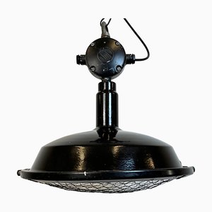 Lampe à Suspension d'Usine Industrielle en Émail Noir avec Grille de Protection de Elektrosvit, 1950s