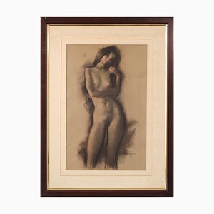 Firmado (no identificado en la actualidad), Retrato de mujer desnuda, 1977, Carbón, Enmarcado