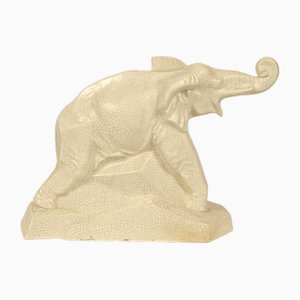 Art Deco Elephant Sculpture in Craquele White Ceramic by Dolly, 20th Century