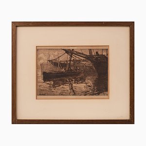 Incisione di barche, metà XIX secolo, inchiostro su carta, con cornice