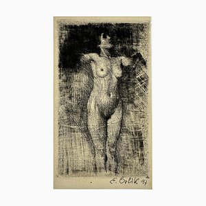 Emil Orlik, aguafuerte firmado, desnudo femenino de pie, 1897