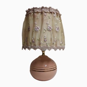 Vintage Romantic Table Lamp with Pink Round Ceramic Foot, 1970s