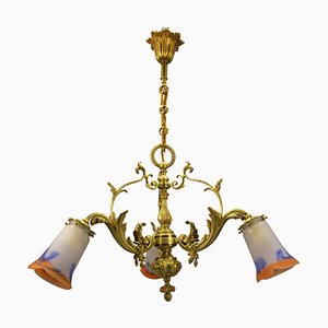 French Rococo Style Bronze and Noverdy Glass Three-Light Chandelier, 1920