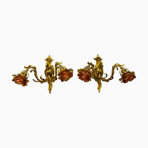 French Louis XV Style Bronze and Brown Glass Sconces, 1890s, Set of 2