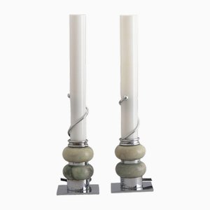 Exceptional Table Lamps in Chrome and Onyx with White Glass Cylinders, Set of 2
