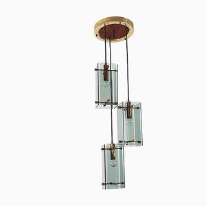 Lampada da soffitto a tre sospensioni in teak, alluminio dorato e vetro fumé, Italia, anni '60