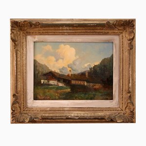 Dipinto di paesaggio di montagna, anni '30, olio e masonite, con cornice