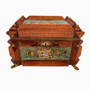Antique Tramp Art Carved Wood Jewelry Box, Germany, 1895