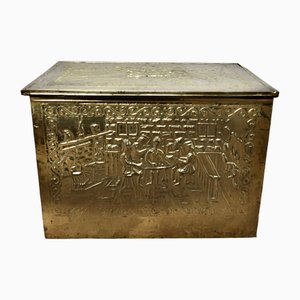 Large Embossed Brass Log Box with Tavern Scenes, 1890s