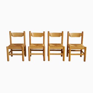 Brutalist Wood & Rush Dining Chairs, 1970s, Set of 4