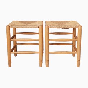 Blonde Wood and Rush Stools, 1970s, Set of 2