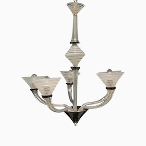 Lámpara de araña de cinco brazos de cristal de Murano transparente arenado de Venini