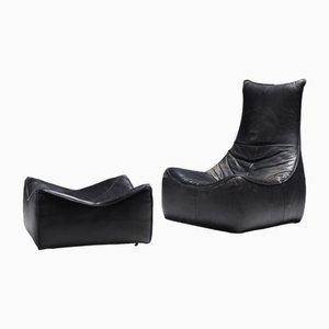 Set of The Rock Lounge Chair & Pouf in Black Leather by Gerard Van Den Berg - Montis