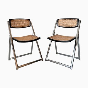 Italian Folding Chrome Chairs with Vienna Straw Seat and Backrest, 1970s, Set of 2