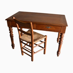 Antiker Eichenholz Schreibtisch mit Stuhl, 1850, 2er Set