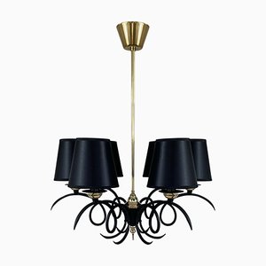 Black Cast Iron and Brass Chandelier from Jean Royere, France, 1950s
