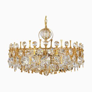 Large Gilt Brass and Crystal Chandelier attributed to Palwa, Germany, 1970s