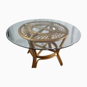 Table de Salle à Manger en Rotin avec Plateau en Verre Transparent, 1970s