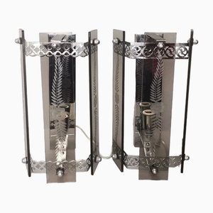 Art Deco Revival Wall Sconces in Smoked Etched Glass and Chromed Metal, 1980s, Set of 2
