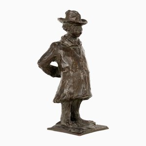 Early 20th Century Man with Walking Stick Figurine in Bronze