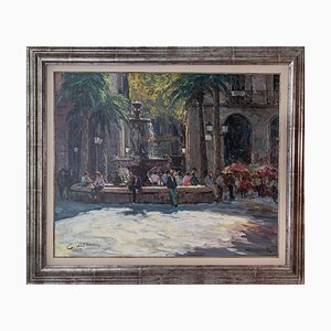 Post-Impressionist Artist, Placa Reial Barcelona, Looking Into the Sunlight, 1970s, Oil on Canvas