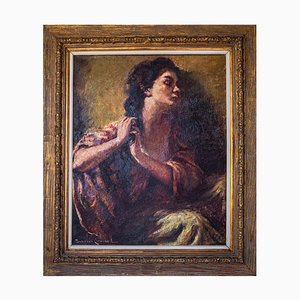 Señorita trenzándose el pelo, óleo sobre lienzo grande, años 50, enmarcado