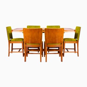 English Art Deco Walnut Dining Table and Chairs from Hille, 1930s, Set of 7