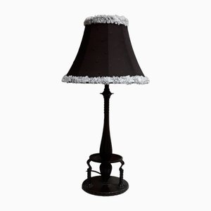 Art Deco German Table Lamp with Foot in Dark, Patinated Bronze and Black Fabric Screen with White Border