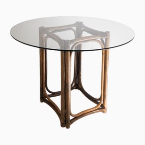 Round Dining Table in Bamboo and Glass, Italy, 1970s