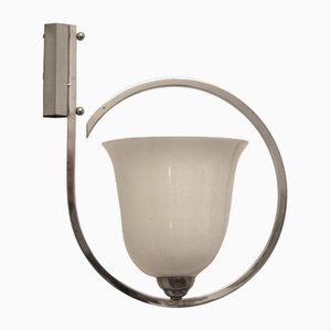 Art Deco Sconce with Chromed Brass Fixture and Opal Glass Shade, 1930s
