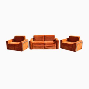 Da Salotto Sofa and Armchairs Armchair in Cubic Orange and Steel, Italy, 1970s, Set of 3