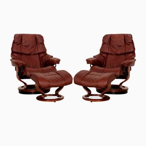 Reno Lounge Chairs in Brown Leather with Footstools from Stressless, Set of 2