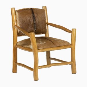 Fauteuil Style Brutaliste en Orme et Cuir de Chèvre, 1970s