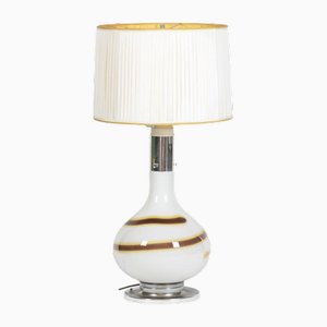 Lámpara de vidrio blanco con decoración en espiral en marrón y amarillo, años 70