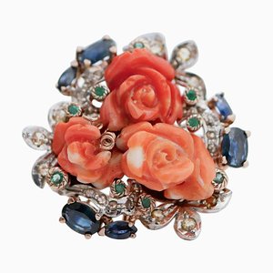 Rose Gold and Silver Ring in Coral and Diamonds