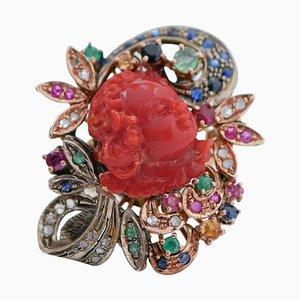 Bague en Or Rose et Argent en Corail Rouge Foncé et Diamants