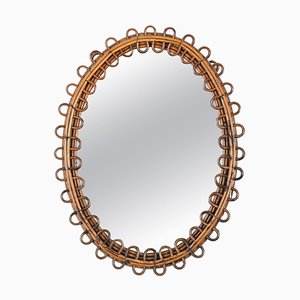 Mid-Century French Riviera Style Oval Mirror in Rattan and Bamboo, Italy, 1960s