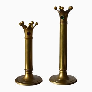 Early 20th Century Brass Coronet Candlesticks with Glass Cabochons from Boch Frères, Set of 2