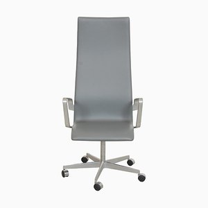 Tall Backed Oxford Office Chair in Grey Leather by Arne Jacobsen for Fritz Hansen