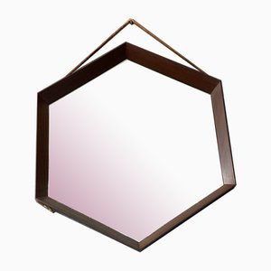 Italian Hexagonal Mirror with Teak Frame, 1960s