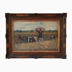 Clemente Pugliese-Levi, Women with Hay, Oil on Canvas, 1920s, Framed