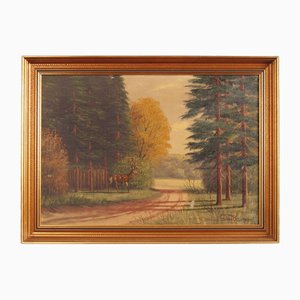 Scandinavian Artist, The Deer by the Road, 1970s, Oil on Canvas, Framed