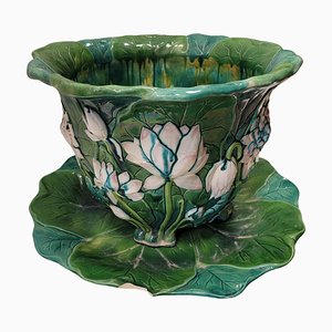 Water Lily Planter and Plate in Majolica from Minton, England, Late 19th Century, Set of 2