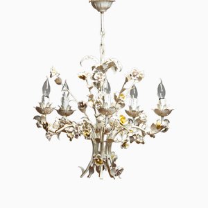 Vintage Italian Pastel Color Painted Metal Chandelier with Floral Decor, 1960s