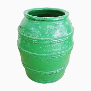 19th Century Spanish Terracota Olive Pot Coated Japandy Green, Teruel