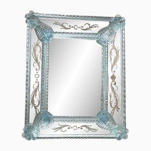 Venezianischer rechteckiger hellblauer Floreal handgeschnitzter Spiegel von Simoeng